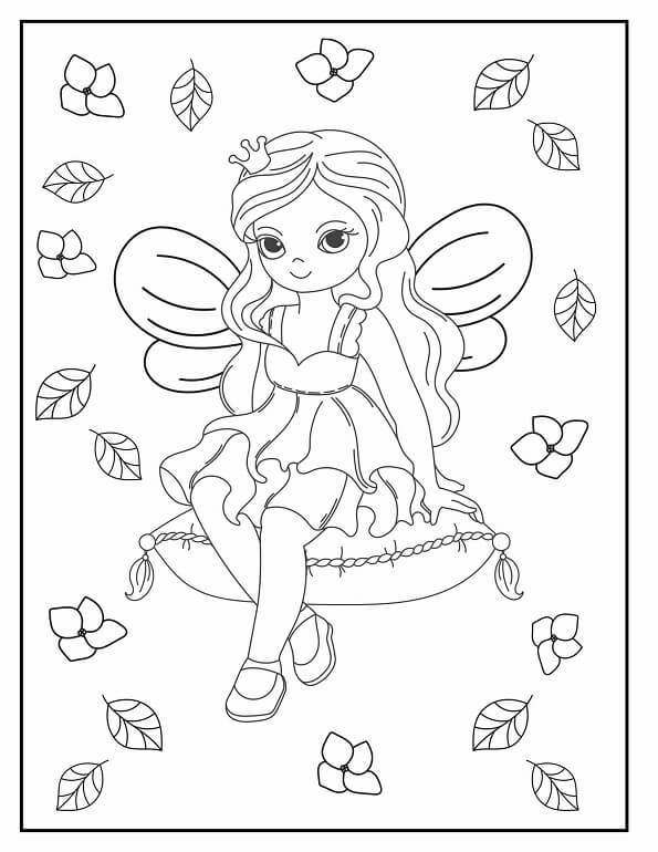 Free printable fairy princess sitting on a decorative cushion coloring page for kids. Download PDF.