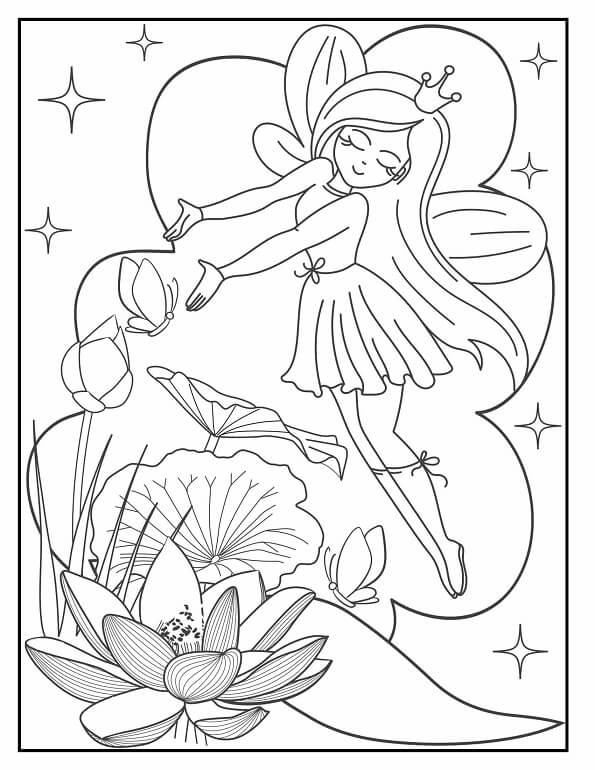 Free printable fairy reaching for a butterfly by a lotus flower coloring page for kids. Download PDF.