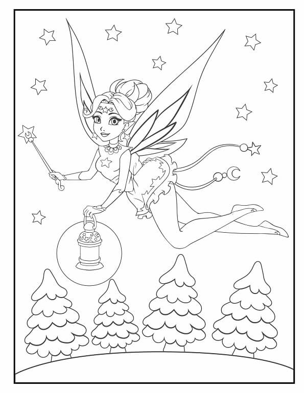 Free printable night fairy carrying a lantern coloring page for kids. Download PDF.