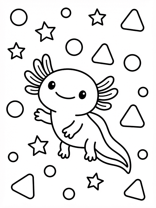 Free printable minimal kawaii axolotl stars shapes coloring page for kids. Download PDF.