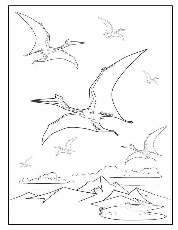 Free printable flying pterodactyls in the sky dinosaur coloring page for kids. Download PDF.