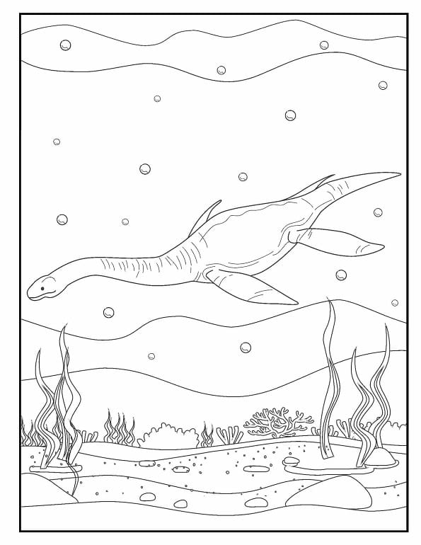 Free printable plesiosaur swimming underwater dinosaur coloring page for kids. Download PDF.