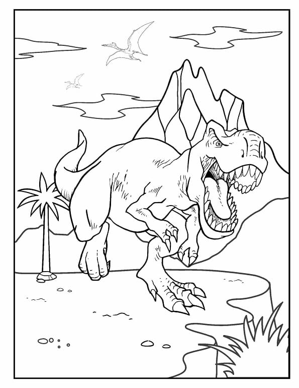 Free printable powerful t rex running with pterodactyls flying in the sky dinosaur coloring page for kids. Download PDF.