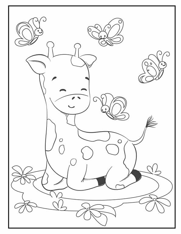 Free printable friendly baby giraffe and butterflies cute & baby coloring page for kids. Download PDF.