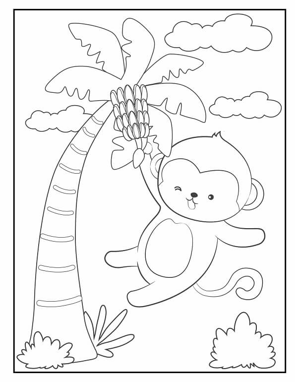 Free printable happy monkey swinging on palm tree cute & baby coloring page for kids. Download PDF.