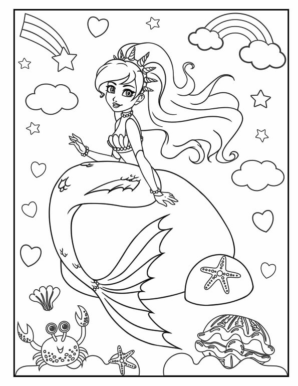 Free printable stylized mermaid sitting on a large pearl with a rainbow background coloring page for kids. Download PDF.