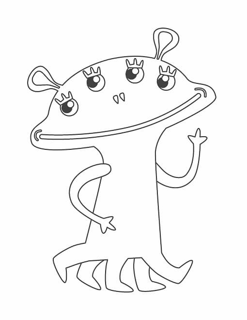Free printable four eyed alien monster waving hello coloring page for kids. Download PDF.